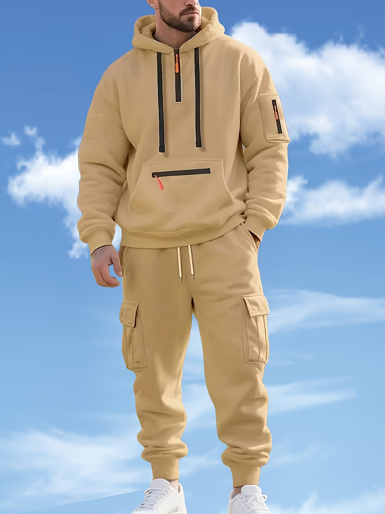 Men'S Style Casual Sportswear Set - Thickened Hooded Sweatshirt & Joggers with Pockets, Long Sleeve, Regular Fit, Solid Color, Button Detail, Fall/Winter Collection