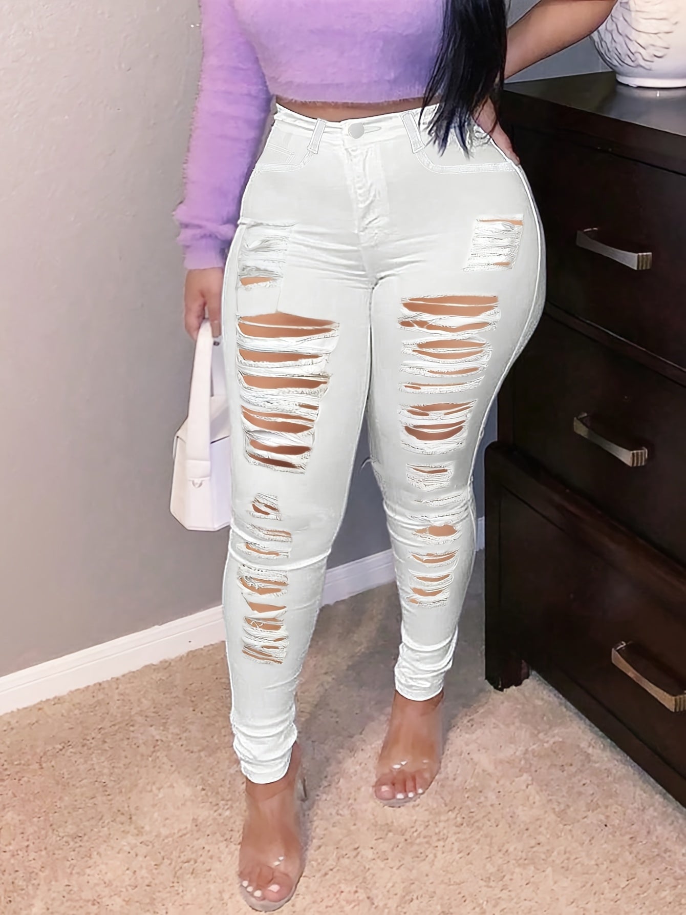 Ladies' Ripped Denim Pants - Fashionable, Practical, Elastic Leggings with Zipper Design | Daily Wear