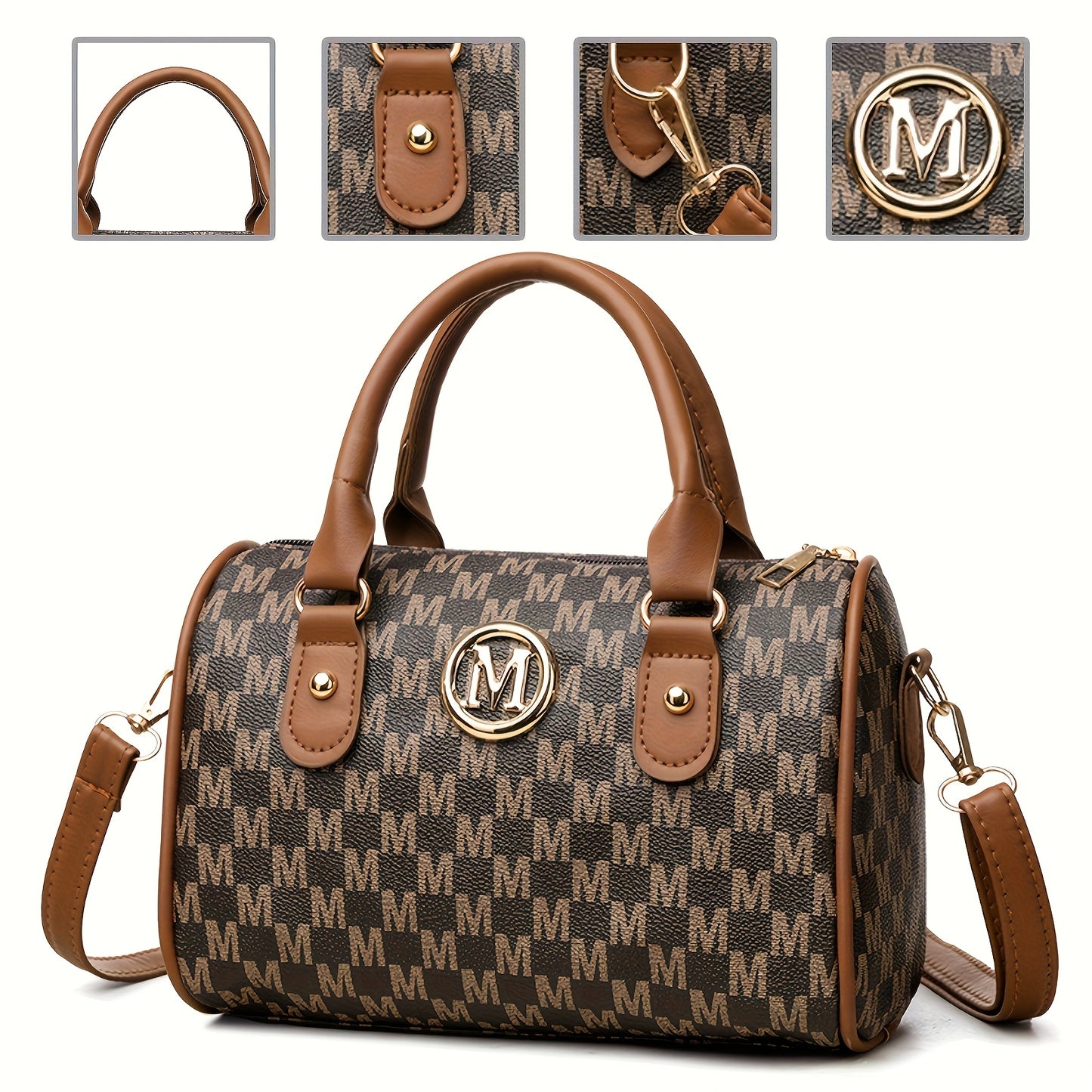 1pc New Single Shoulder Bag With "M" Logo Patch, With Removable Shoulder Strap, Boston Crossbody Bag, Unisex, Can Used As A Handbag, Phone Bag, Suitable For Gifts, Daily Travel, Shopping, Commuting.