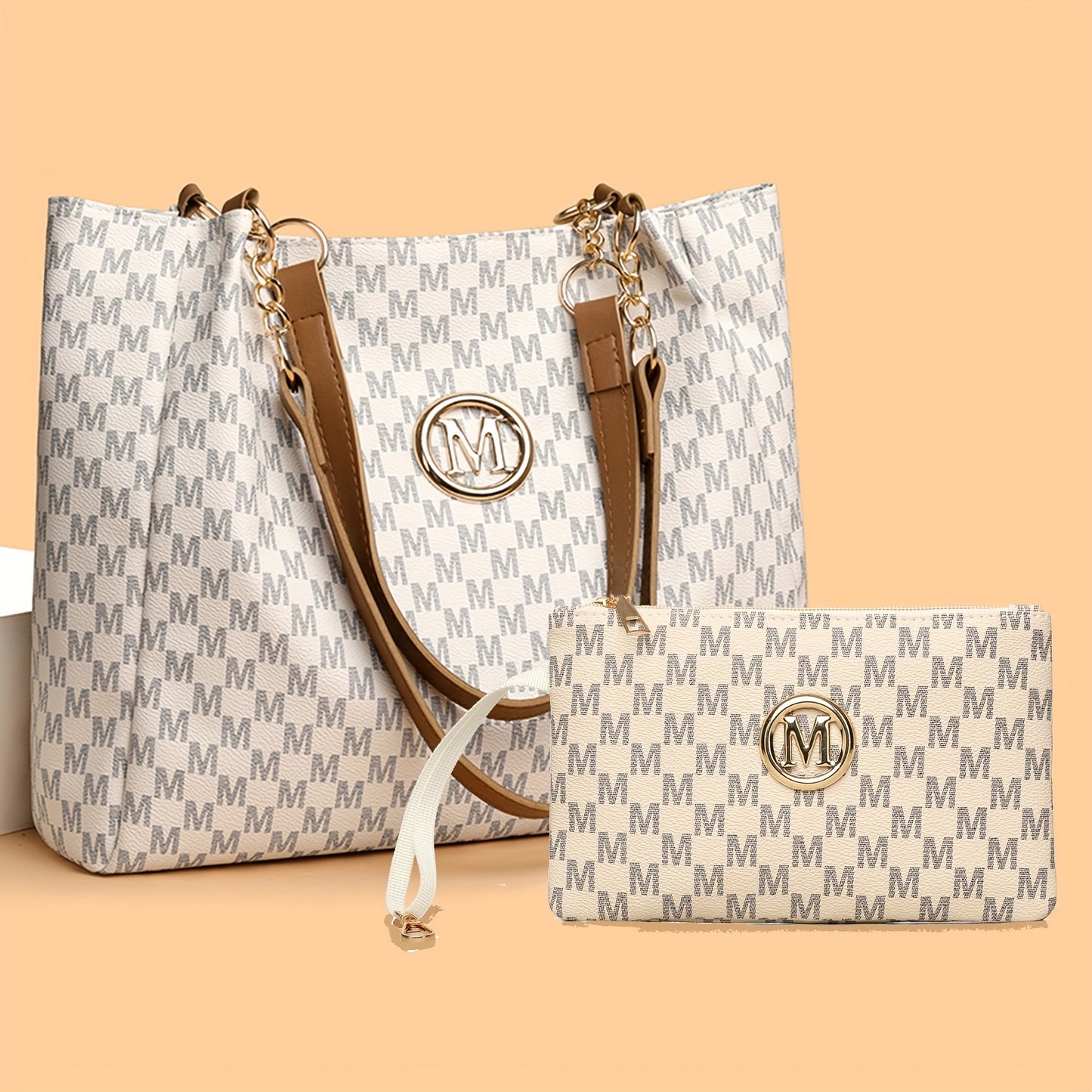 Perfect Lily "M" Logo Tote Bag - Elegant Black & White Checkered Shoulder Bag with Golden Hardware, Large Capacity for Daily Commute, Shopping, Travel - Ideal Gift for Women, Commute Bag|Checkered Pattern Bag|Durable Zippers,