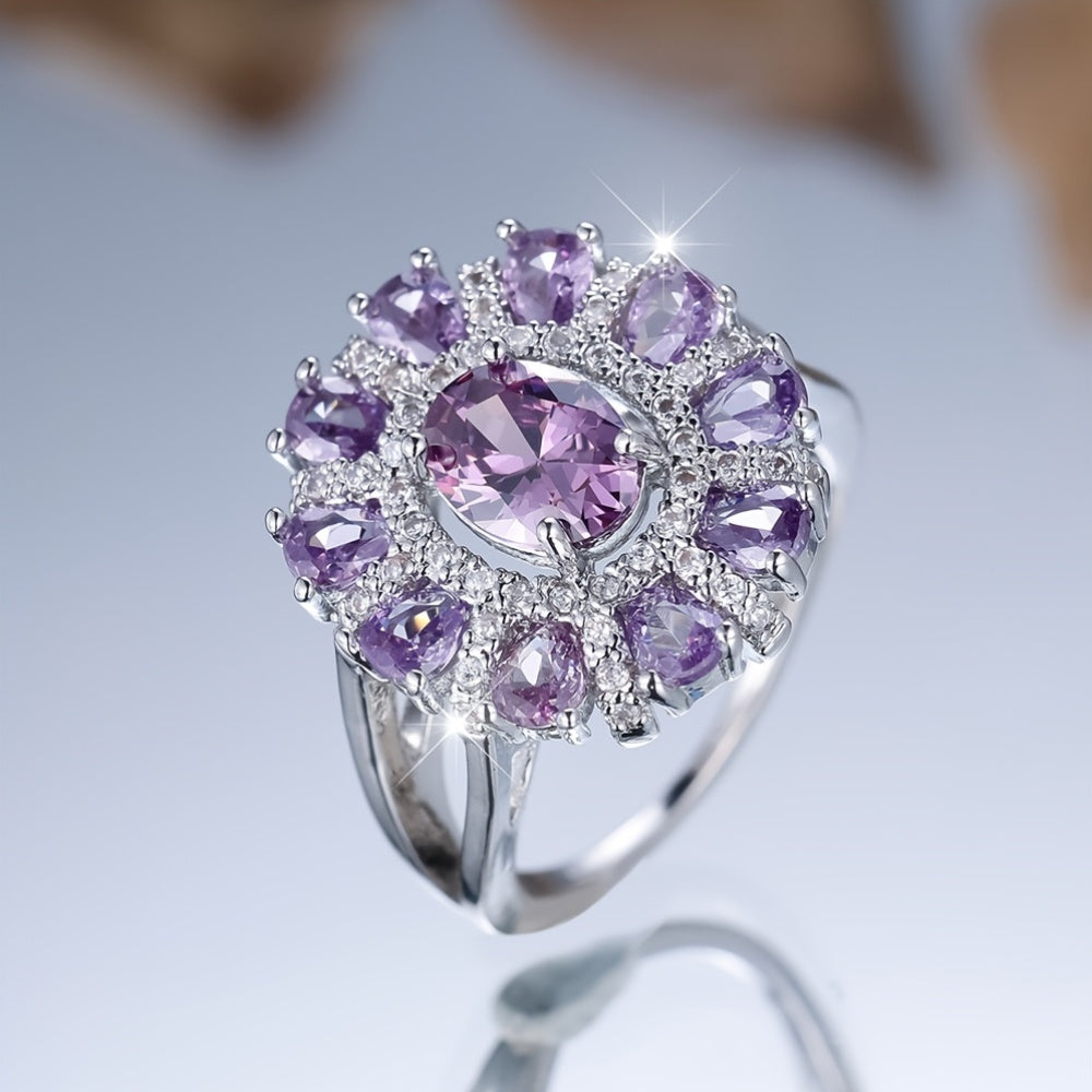 A Ring Featuring a Teardrop-Shaped Floral Design with a Silvery Oval-Cut Purple Faux, Perfect for Weddings, Engagements, Or Valentine'S Day Gifts., For Teenager
