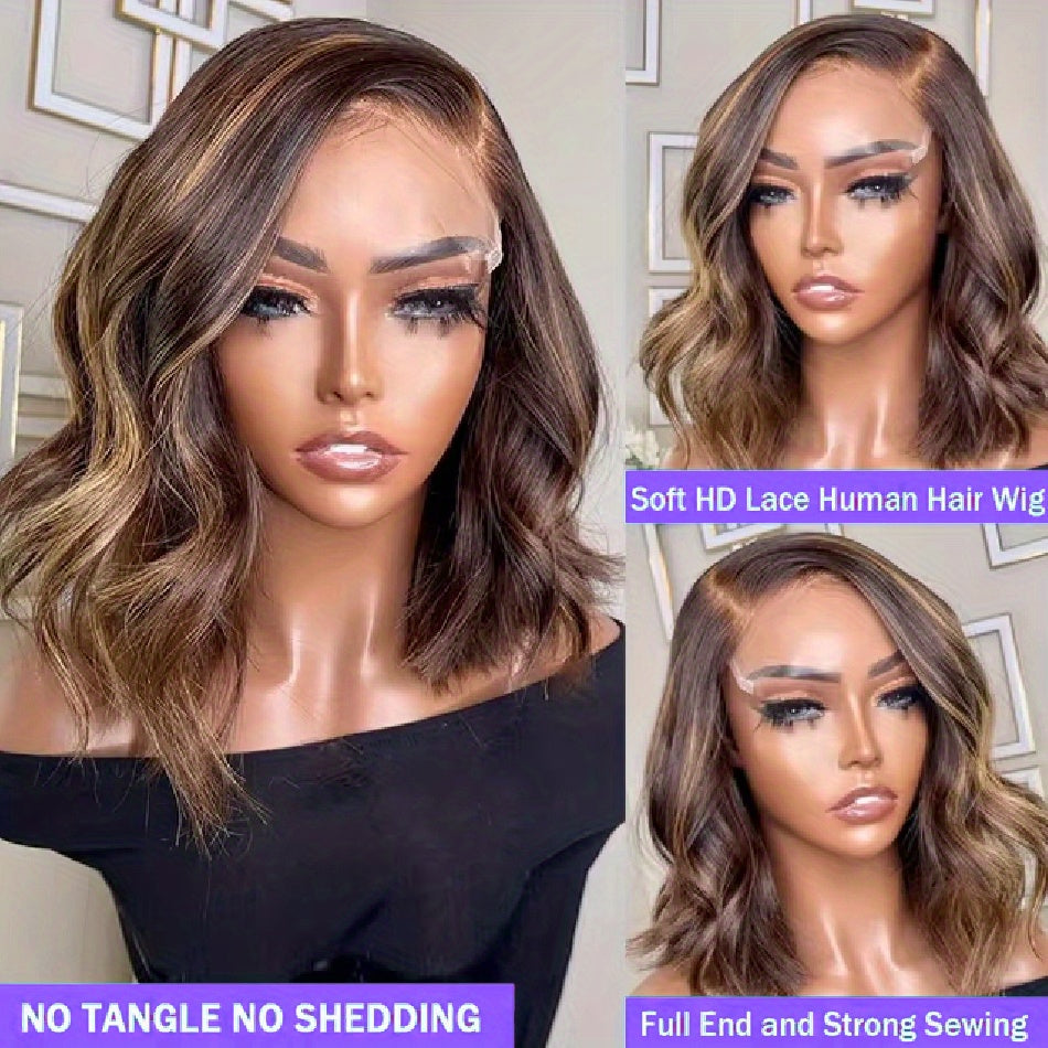 Ombre Honey Blonde 13x4 HD Glueless Lace Front Wig - 12 Inch Short Body Wave Human Hair Wig for, Pre-Plucked with Baby Hair & Bleached Knots, 250% Density, 4/27 Mixed Color, Fashion Accessory