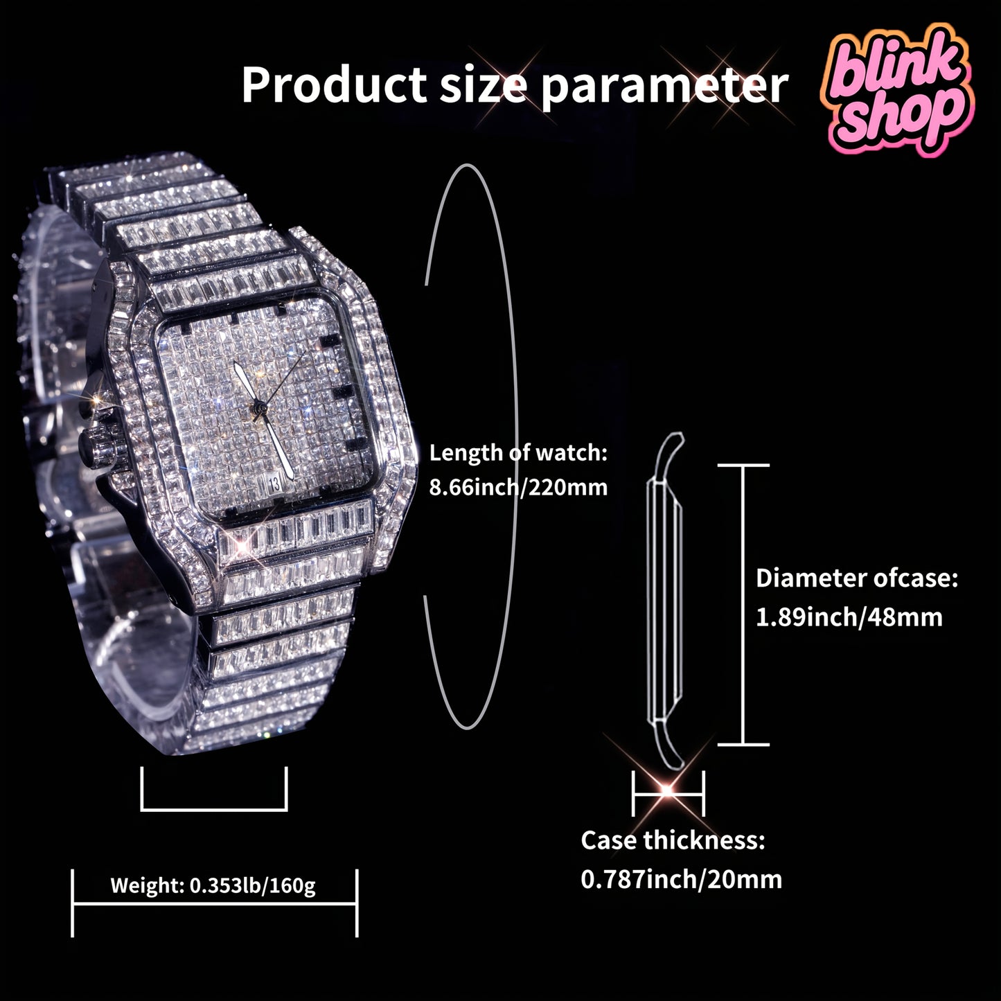 Luxury Hip Hop Square Rhinestone Watch - Full Rhinestone Geometric Glow-in-the-Dark Dial, Stainless Steel Band, 30m Waterproof, Mechanical Movement, Elegant Stage Performance Wristwatch for Christmas, Thanksgiving, Valentine'
