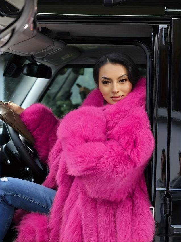 Plus Size - Plus Size Long Faux Rabbit Coat for Women | Stylish and Casual with Elegant Vibe, Non-Stretch Fabric, Lapel Collar, Solid Color, Regular Sleeve, Long Length, Fall/Winter Season