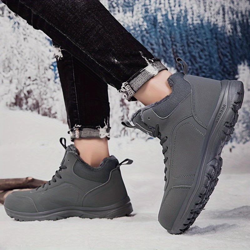 Men's Winter High-Top Sneakers - Warm & Lightweight Thermal Shoes with Fuzzy Collar, Non-Slip MD Sole & PU Upper, Lace-Up Ankle for Outdoor, Travel, Walking - Black - Ideal for Cold Weather & Snow - Casual Winter Boots for Me