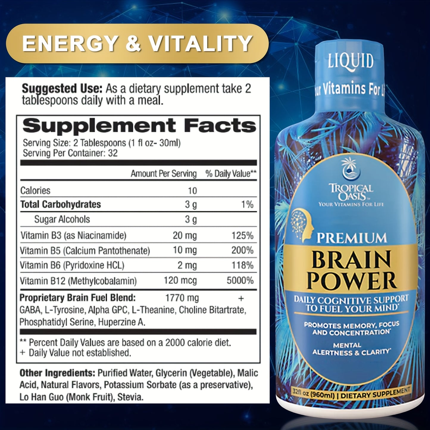 Tropical Oasis Cognitive Brain Power | Contains 20 Mg Of Vitamin B3, 10 Mg Of B5, 2 Mg Of B6, And 120 Mg Of B12 To Improve Focus, Memory, Creativity, And Clarity