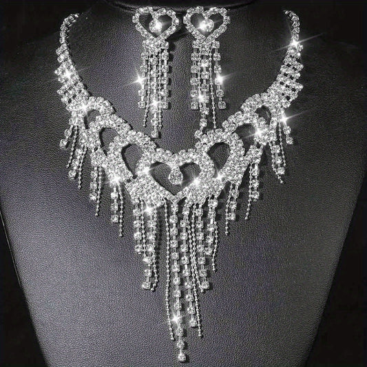 Bride Wedding Necklace Earrings Set Sliver Rhinestone Necklace Love Crystal Necklace Set Bride Bridesmaid Prom Necklace Accessories for Women