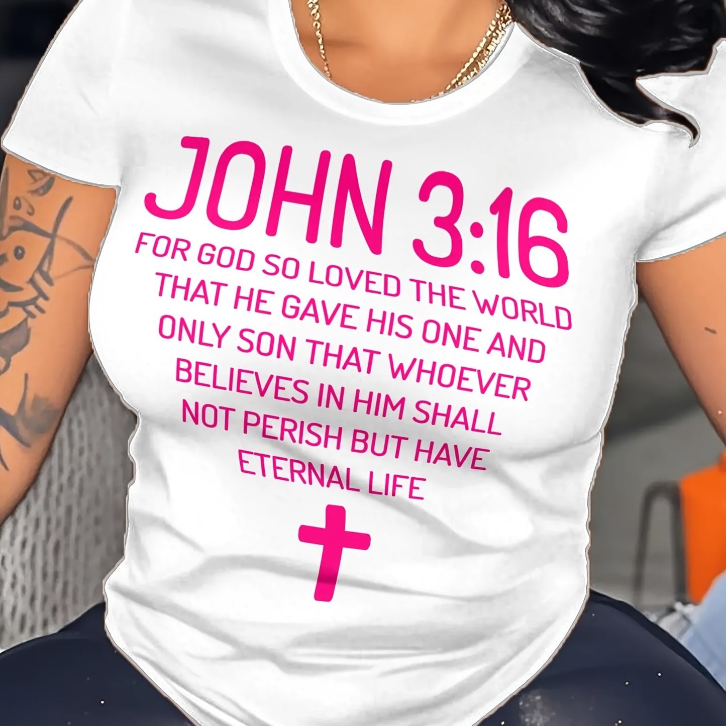 Plus Size - Plus Size Women'S "John 3 16 Bible Verse Scripture Christians" Print Summer T-Shirt | Soft Breathable Fabric | Casual Short Sleeve Round Neck Tee | Summer Vacation Clothing | Size 0XL-5XL - Coral - Black - Rose Re