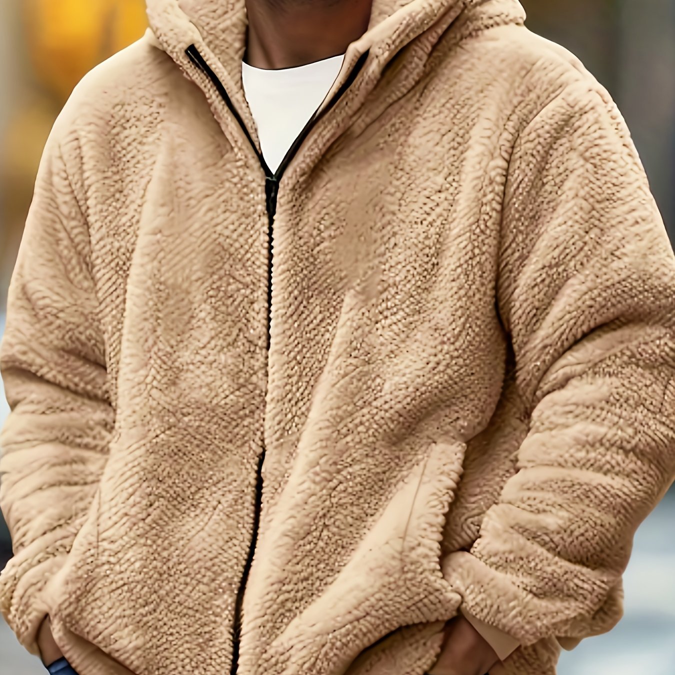 Men's Plush Jacket with Hood - Coral Fleece-Like Outer, Full-Zip Winter Warm Coat, Machine Washable, Pockets & Adjustable Hood, Casual Outerwear for Fall/Winter (No Bulk) - Ideal for Cold Weather (OBM