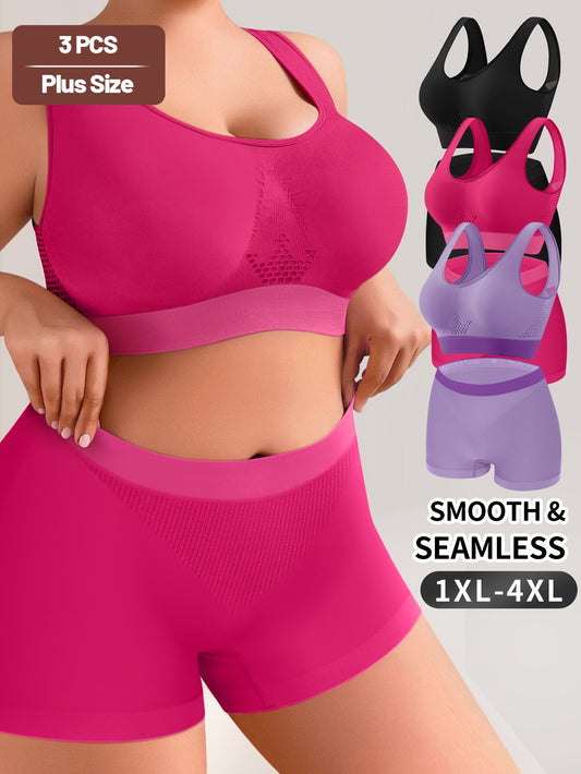 3 Sets Plus Size Simple Underwear Set, Women'S Solid Hollow Out Seamless Tank Bra & Boyshorts Underwear Set