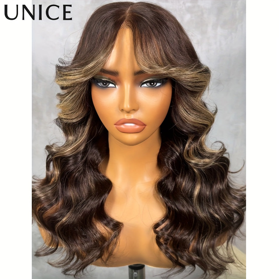 Unice Bye-Bye Knots 7x5 Lace Human Hair Wig - Glueless Hair System with Chocolate Brown & Blonde Highlights, 150% Density Loose Wave Frontal, Pre-Plucked Hairline/Cut Lace, Adjustable Fit for Men & ( for all Sizes)