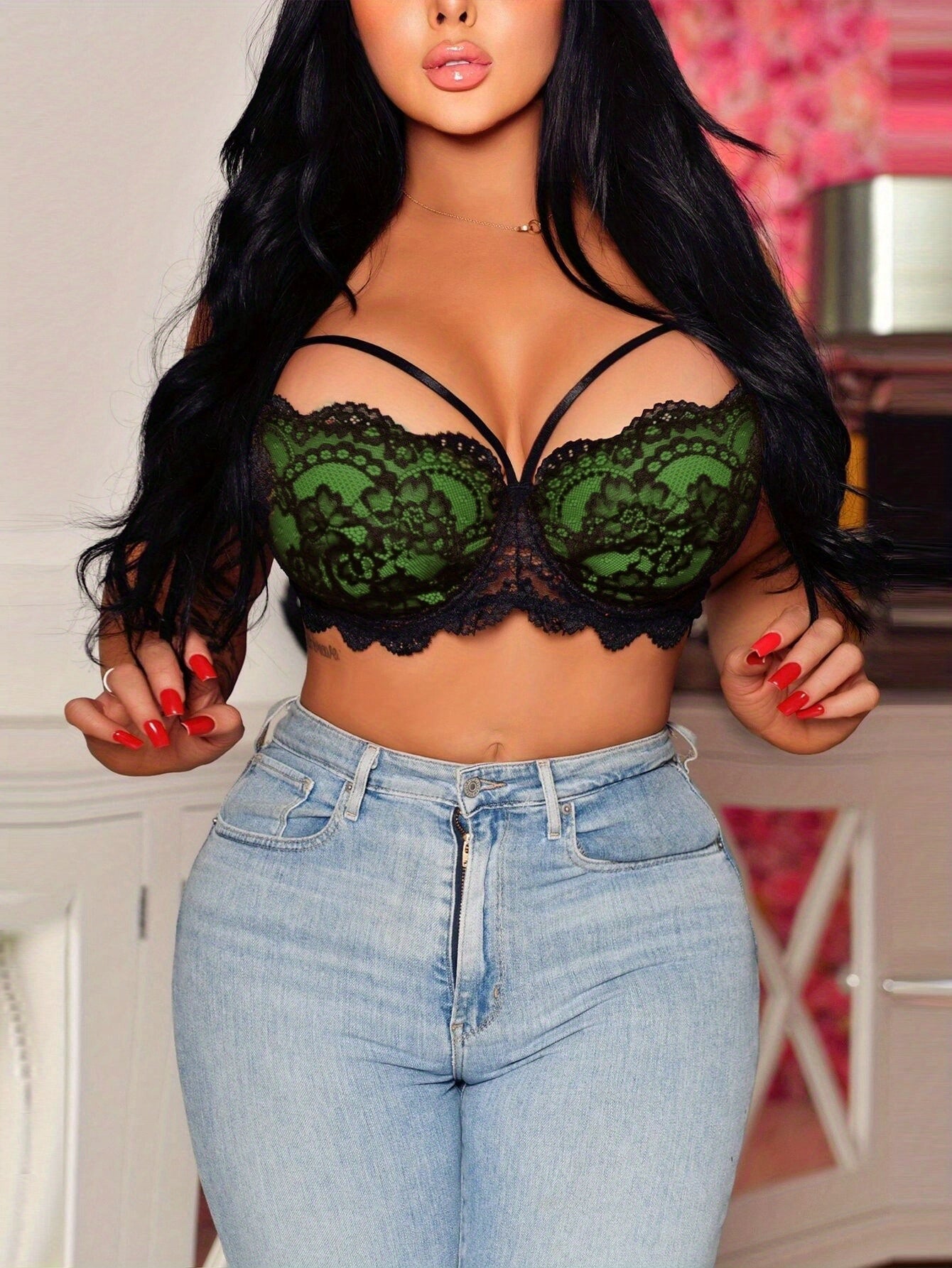 Women'S Lace-edged Printed Underwear, with Steel Rims and No Chest Pads, Mature and Sexy, Daily Comfortable Gathering Bra