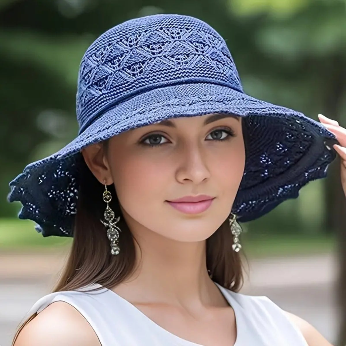 MONYPLAY Women's Summer Crochet Straw-Style Acrylic Sun Hat - Wide Brim Lightweight Floppy Beach Hat with Floral Embellishments, Machine Washable for Outdoor, Garden & Picnic