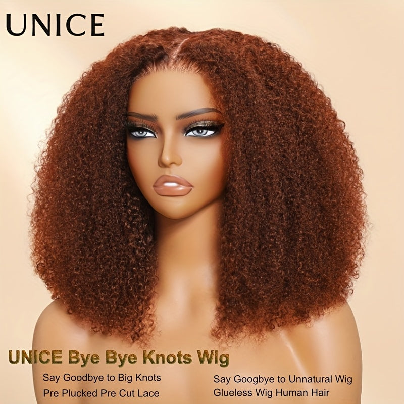 UNice 7x5 Glueless Lace Human Hair Wig - Kinky Curly Reddish Brown with Bleached Knots, 180% Density, 16 Inch Looking Wig with Pre-Plucked Hairline & Invisible for Men &, Dreadlock-Friendly (No Glue Needed)