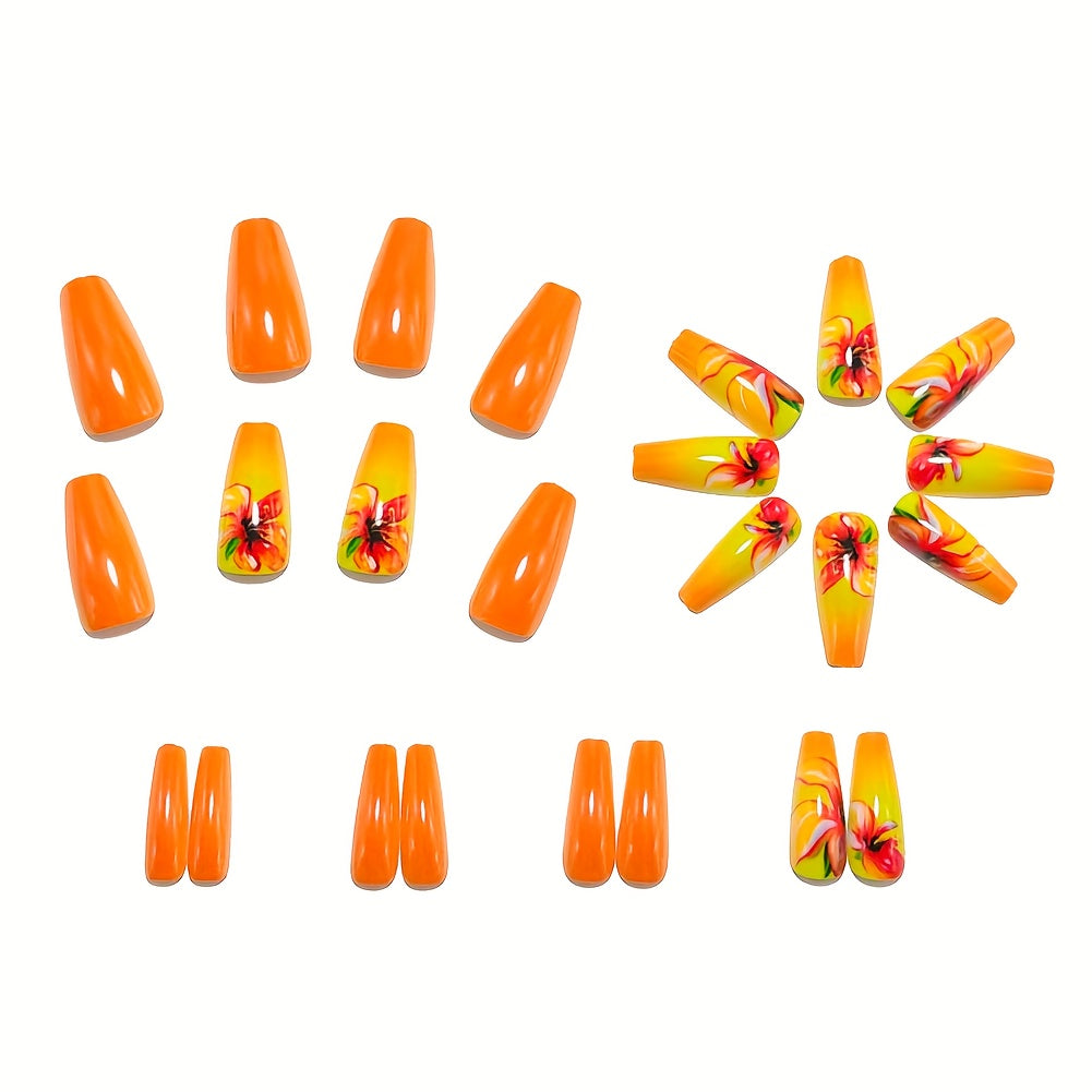 24pcs Ballet Fake Nails with Hand-Painted Orange Gradient Flowers & White tip - Medium Length Press- Nail Patches, Glossy Ballerina Nails Suitable for Dance, Weddings, Parties, Daily Wear