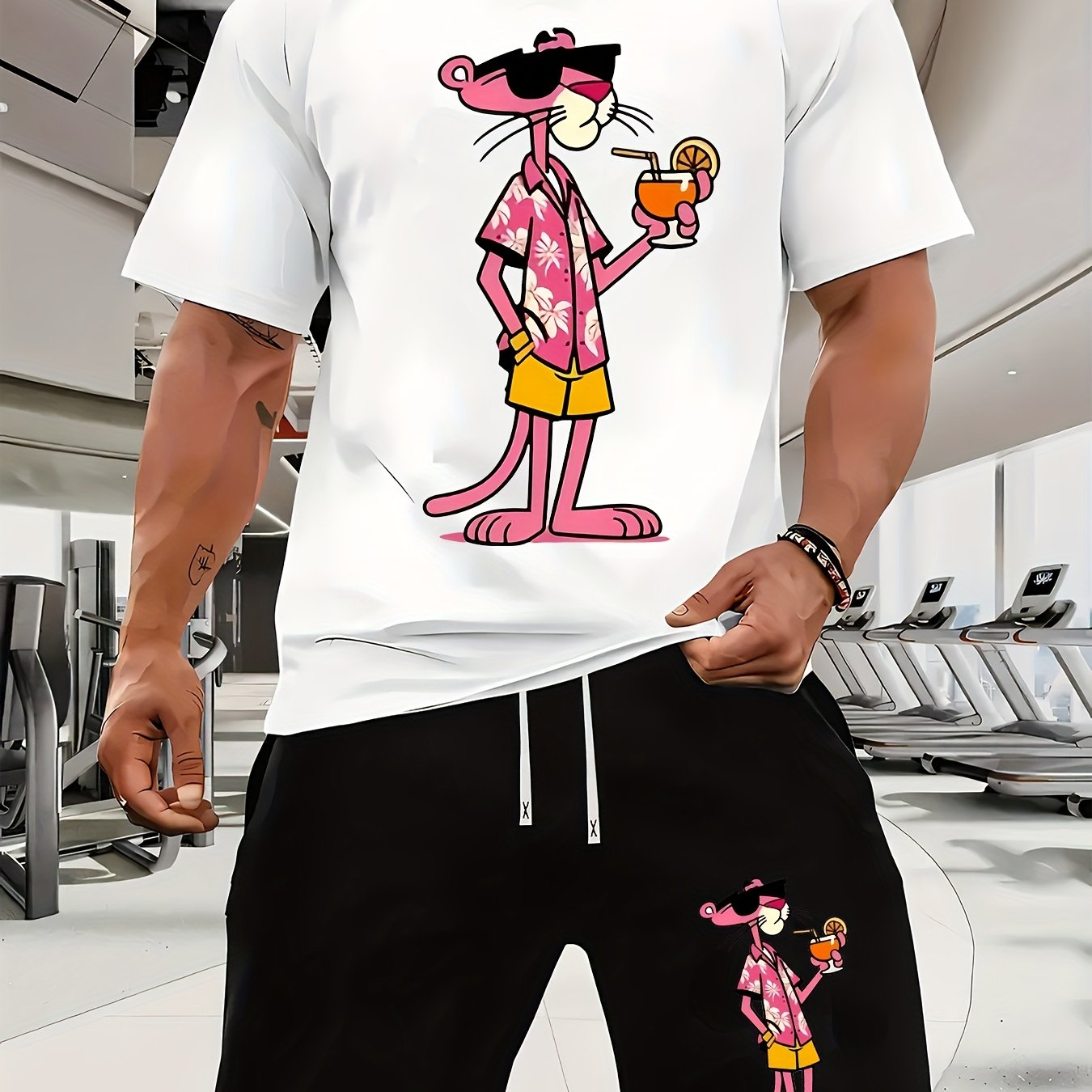 A Casual Sports Set Consisting of a Short-Sleeve T-Shirt Featuring a Stylish Pink Panther Cartoon Print And Fitted Shorts, Perfect for Spring And Summer Outfits.