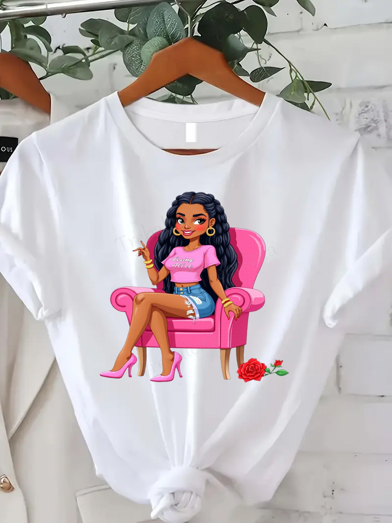 Plus Size, Trebalena Women's Plus Size Graphic T-Shirt - Sexy Curvy Lady in Pink Chair with Roses, Soft Breathable 100% Cotton Casual Everyday & Party Outfit - Perfect Halloween, Christmas, Birthday Gifts for Women - Non-See