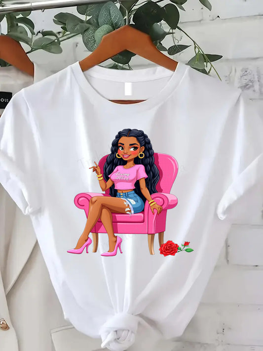 Plus Size, Trebalena Women's Plus Size Graphic T-Shirt - Sexy Curvy Lady in Pink Chair with Roses, Soft Breathable 100% Cotton Casual Everyday & Party Outfit - Perfect Halloween, Christmas, Birthday Gifts for Women - Non-See