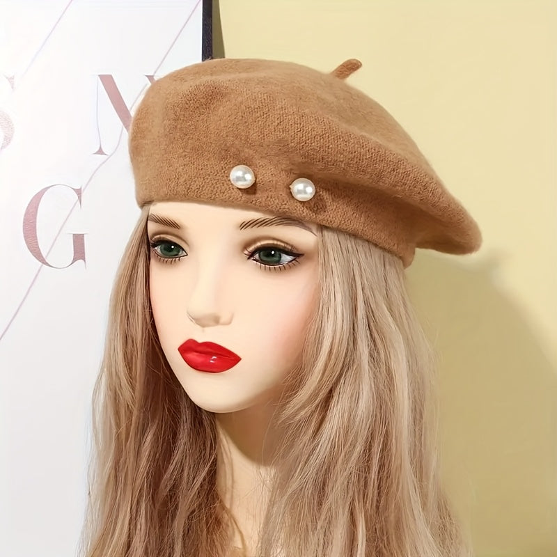 1pc Women's Polyester Beret with Artificial Pearl Accents - Elastic Fit, Lightweight Knitted Painter Hat for Valentine's Day, Versatile Daily Wear Accessory, Commuting Accessory | Artificial Pearl Detail | Polyester Fiber Hat