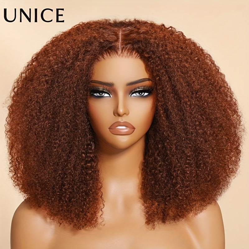UNice 7x5 Glueless Lace Human Hair Wig - Kinky Curly Reddish Brown with Bleached Knots, 180% Density, 16 Inch Looking Wig with Pre-Plucked Hairline & Invisible for Men &, Dreadlock-Friendly (No Glue Needed)