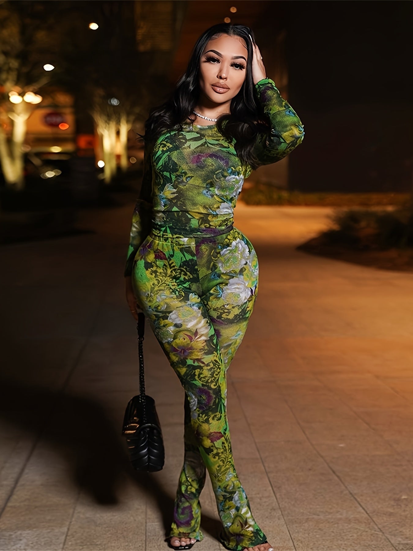 Women Two Piece Set Floral Print See-Through Mesh Long Sleeve Round Neck Top and Pants Set Long Sleeve Round Neck Cropped Top and High Waist Flared Pants Set Y2K Style Suitable for Leisure, Party, Festival