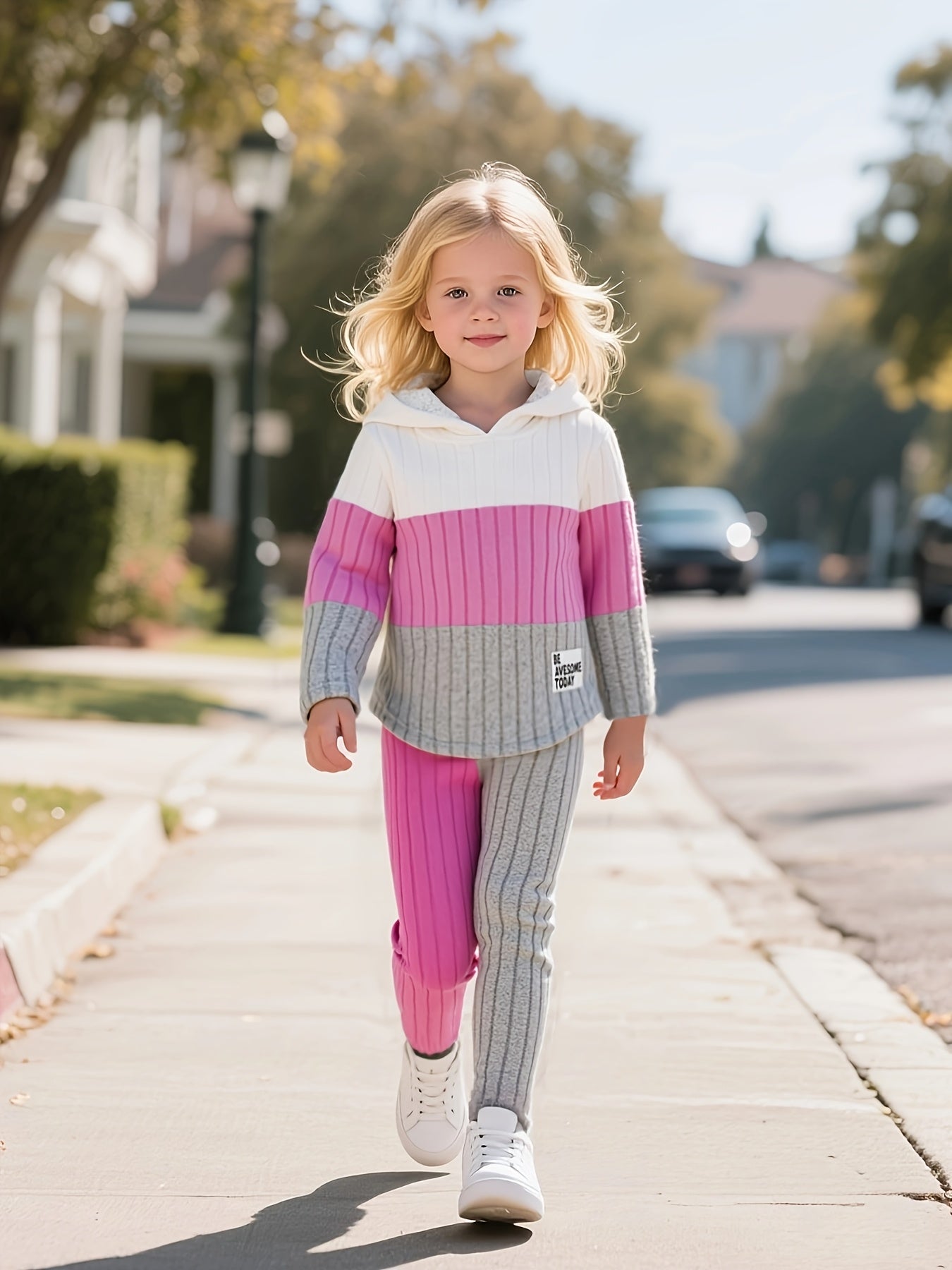 [Girls' Hoodie Set] 2pcs Girls' Pullover Hoodie Set | Long Sleeve, Color Block Patchwork, Lined Warm Knit Fabric | Autumn/Winter, Ages 1-8, Casual & Sports