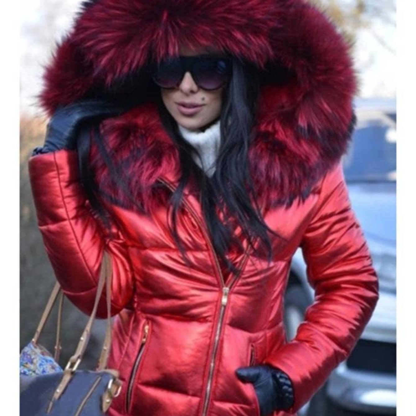 Plus Size - Plus Size - Plus Size Women'S Elegant Hooded Winter Jacket - European & American Style Warm Mid-Length Coat with Full-Zip Front Closure, Soft Pink Fur Collar & Long Sleeves, Cozy Insulated Outerwear for Fall/Winte