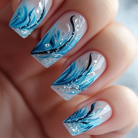 24pcs Full Coverage False Nails Press - Gradient Blue Ombre Square Medium Length with Irregular Plant Line Designs & Shiny Glossy, Nail Art Suitable for Women for Daily Wear & Parties