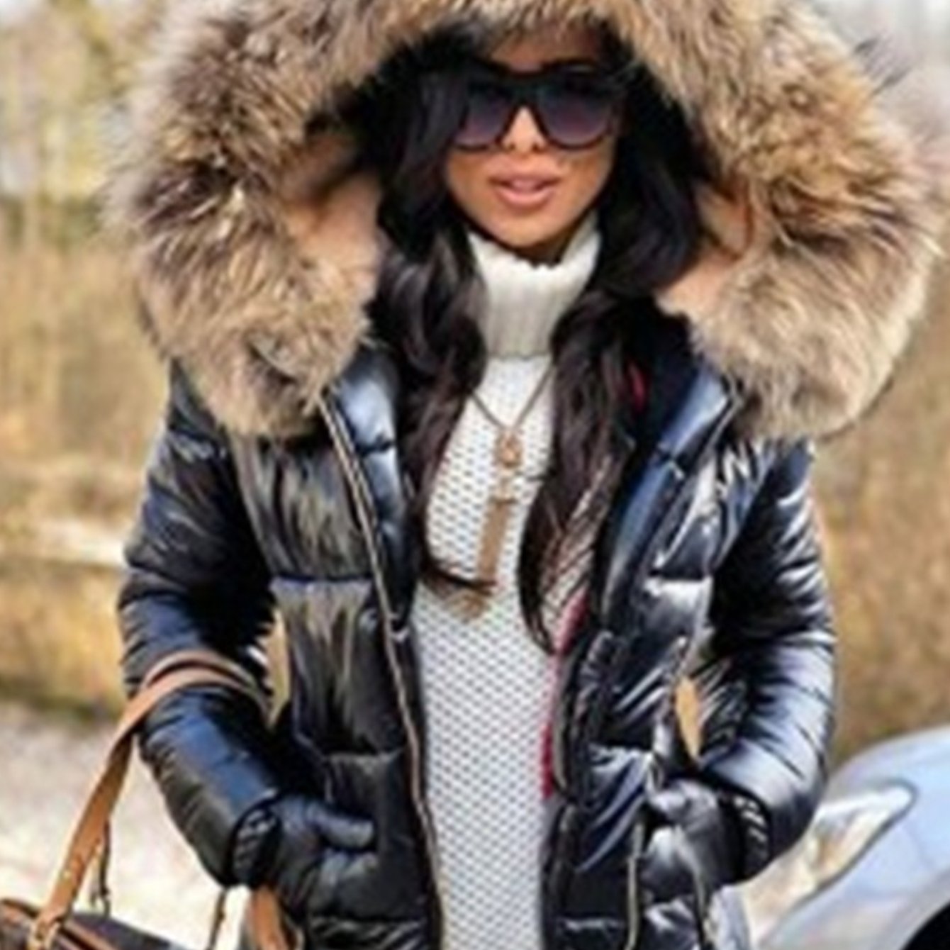 Plus Size - Plus Size - Plus Size Women'S Elegant Hooded Winter Jacket - European & American Style Warm Mid-Length Coat with Full-Zip Front Closure, Soft Pink Fur Collar & Long Sleeves, Cozy Insulated Outerwear for Fall/Winte