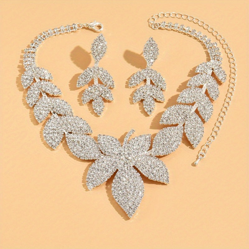 3pcs/ Set 2025 New Luxury Design Shining Charm Sexy Women'S Leaf Shaped Necklace Earring Set Charm Bride Exquisite Temperament Jewelry Set Lover Gift Accessories