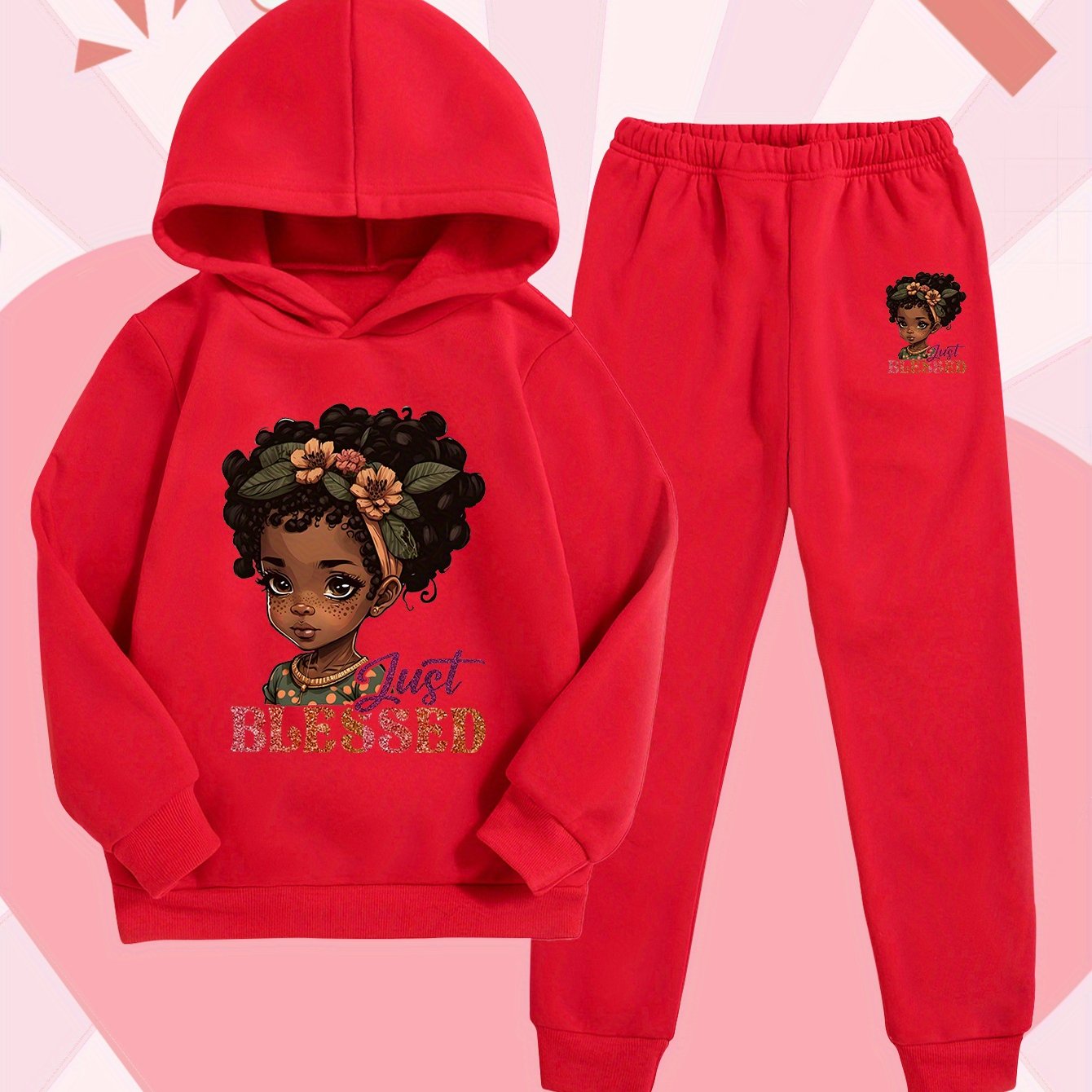 Girls' Fashion Hooded Sweatshirt and Pants Set, Creative Design with Cute Cartoon Prints, Comfortable Soft Polyester for Autumn/Winter Warmth, Perfect for Outdoor