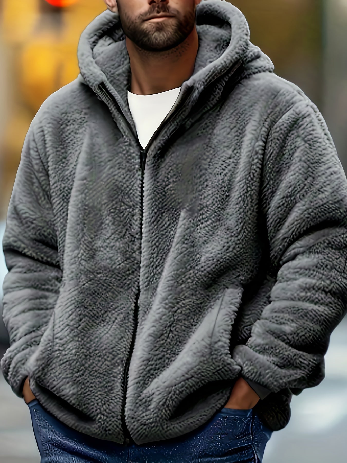 Men's Plush Jacket with Hood - Coral Fleece-Like Outer, Full-Zip Winter Warm Coat, Machine Washable, Pockets & Adjustable Hood, Casual Outerwear for Fall/Winter (No Bulk) - Ideal for Cold Weather (OBM