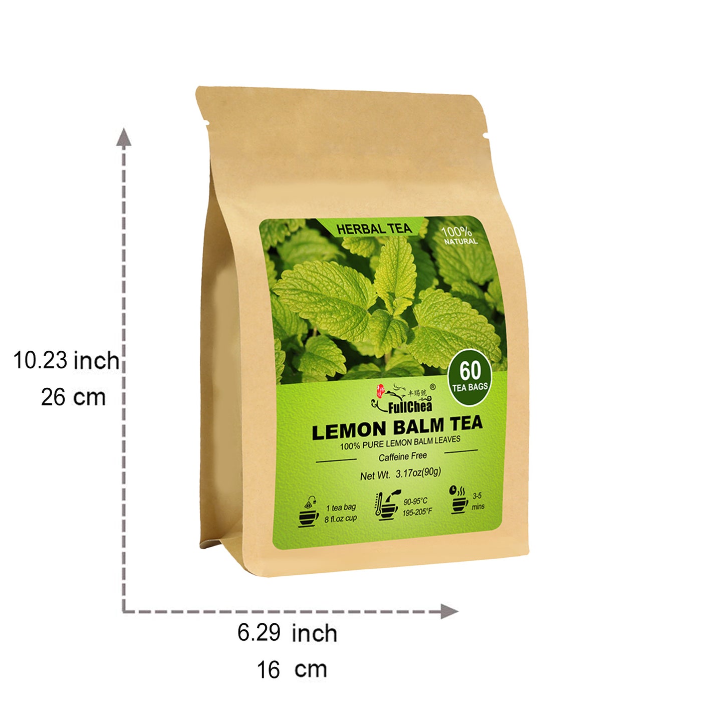 FullChea - Lemon Balm Tea Bag, 60 Teabags, 1.5g/ bag - Premium Lemon Balm Herb - Melissa Officinalis - Caffeine-free