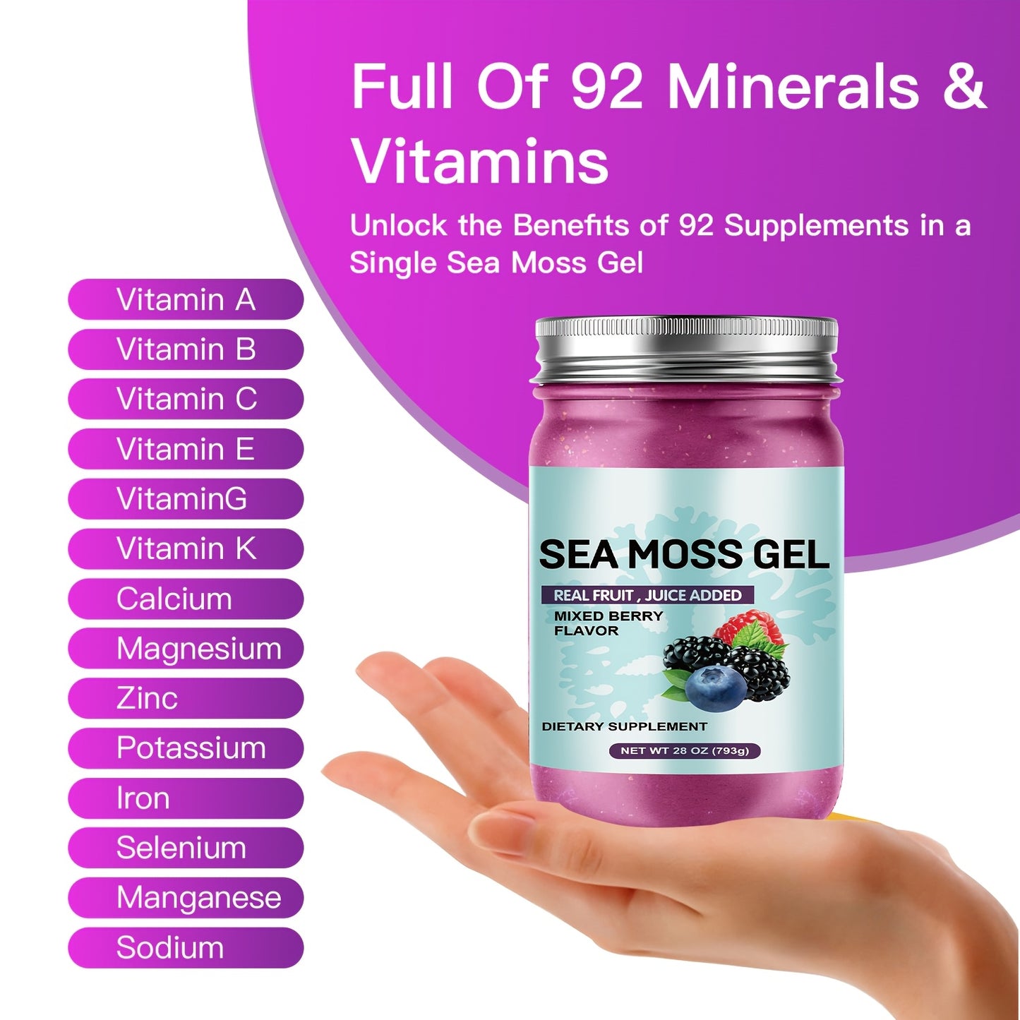 Premium Sea Moss Gel with Real Fruit Juice - Advanced Irish Sea Moss, Natural Vitamin & Mineral Supplement, 28oz, Mixed Berry Flavor (Blueberries, Raspberries), Hypoallergenic, Supports Healthy Eating, Food Additive | Modern