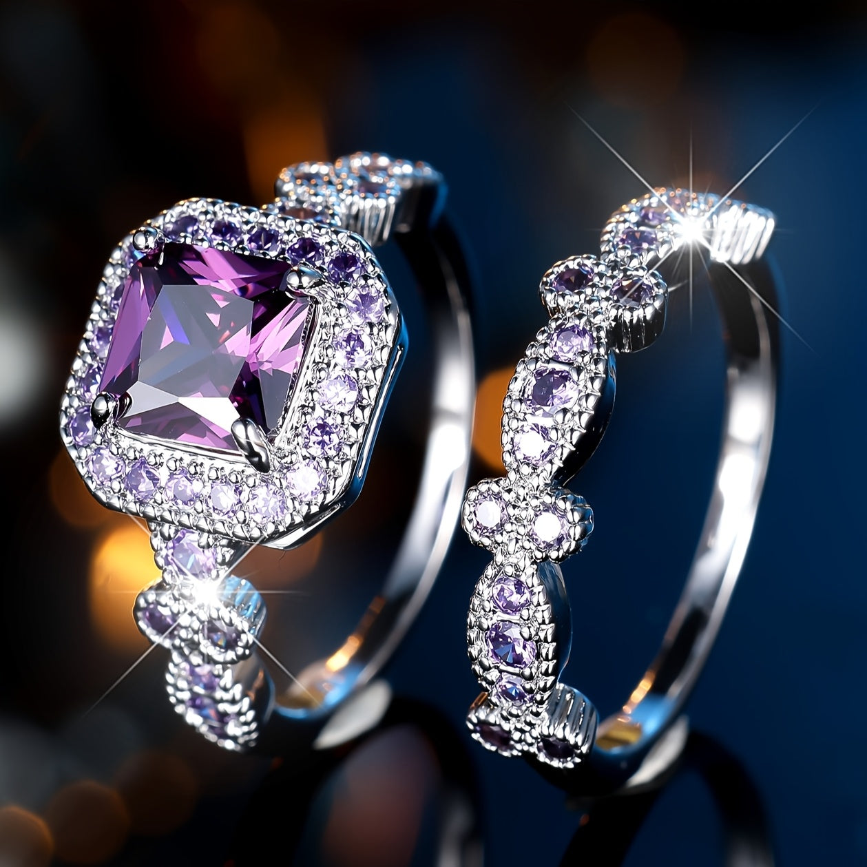 Set of 2 Stylish Square-Cut Purple Synthetic Zirconia Engagement Rings, Bohemian Chic Design, Copper with Coating, Ideal for Weddings And Proposals, Available in Sizes 5-13