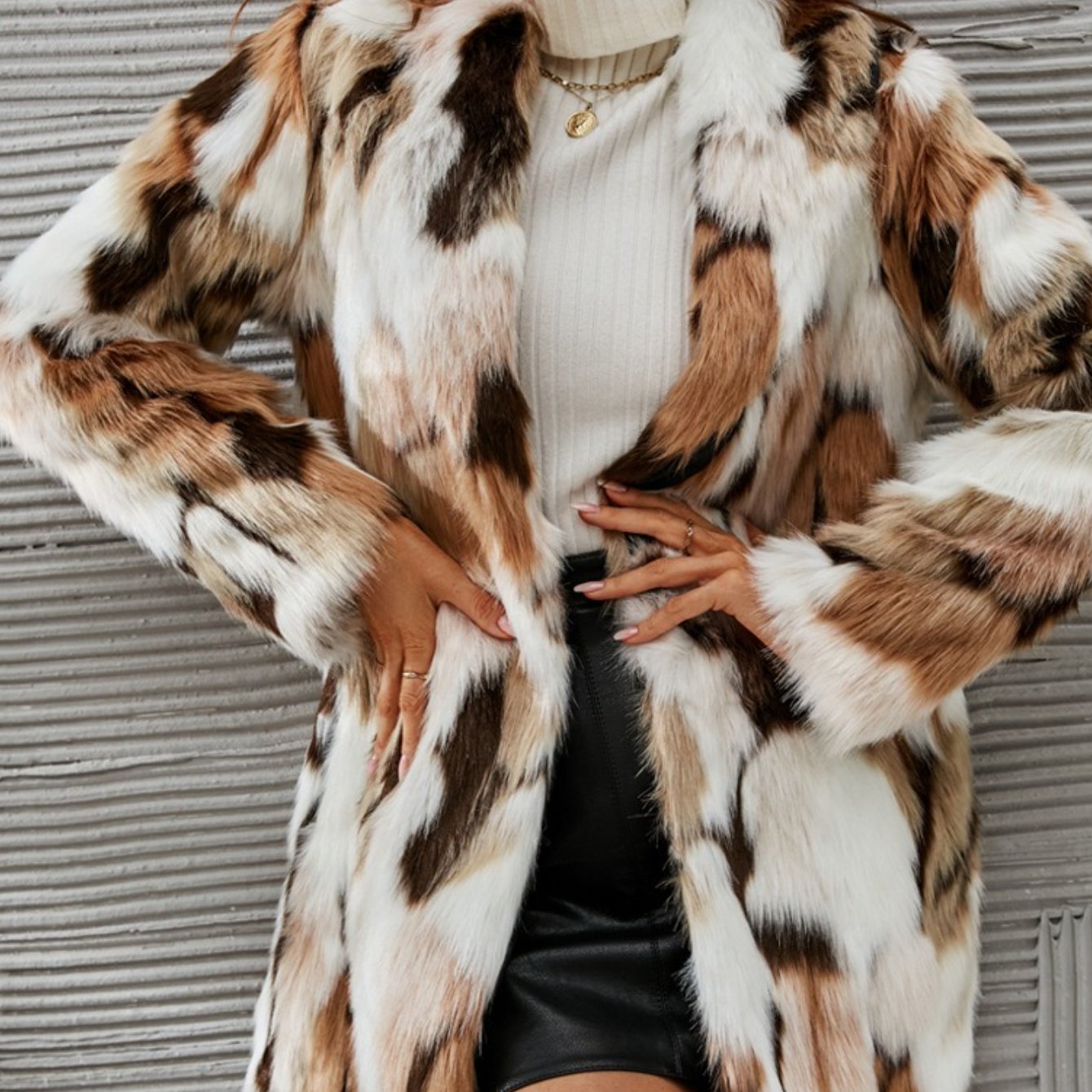 HERTALK Plush Faux Fur Coat - Mid-Length Winter Jacket with Collar & -like Sleeve Trim, White/Beige/Brown/Tan/ - Hand Washable Outerwear for Parties,, Casual (No Belt, H-Line Silhouette)