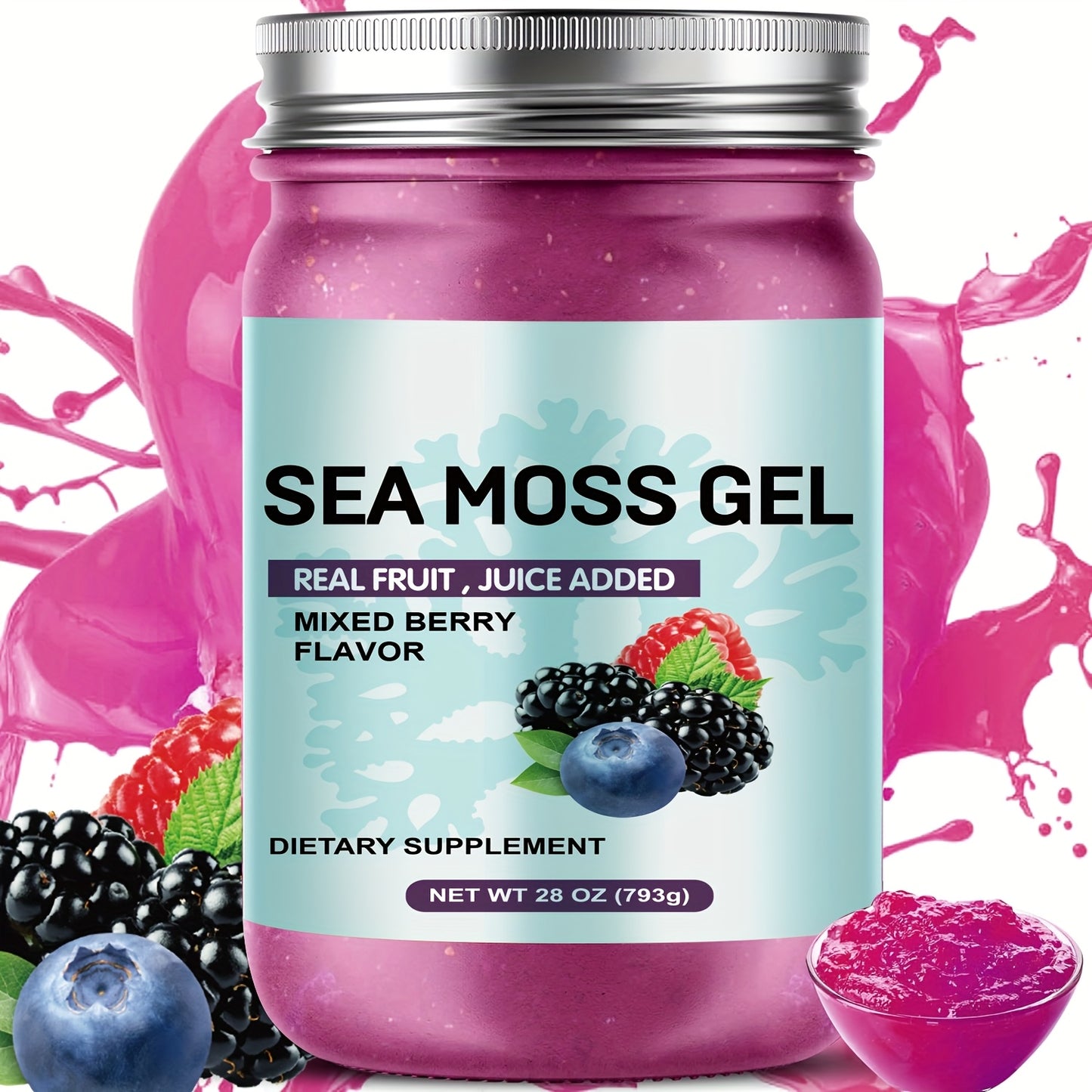 Premium Sea Moss Gel with Real Fruit Juice - Advanced Irish Sea Moss, Natural Vitamin & Mineral Supplement, 28oz, Mixed Berry Flavor (Blueberries, Raspberries), Hypoallergenic, Supports Healthy Eating, Food Additive | Modern
