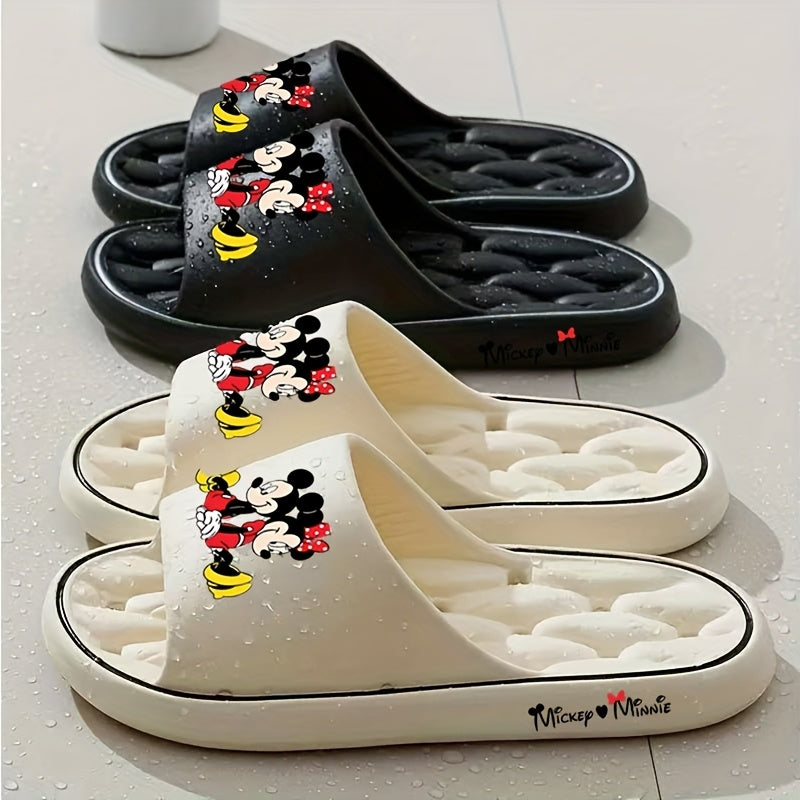 1 Pair Disney Mickey & Minnie Sitting Back-to-Back Cartoon Slip-On Slippers - Soft EVA Breathable Open-Toe Unisex Indoor/Outdoor House Shoes with Anti-Slip Sole, Cute Character Design for Women & Men (Beige/Black), All-Season