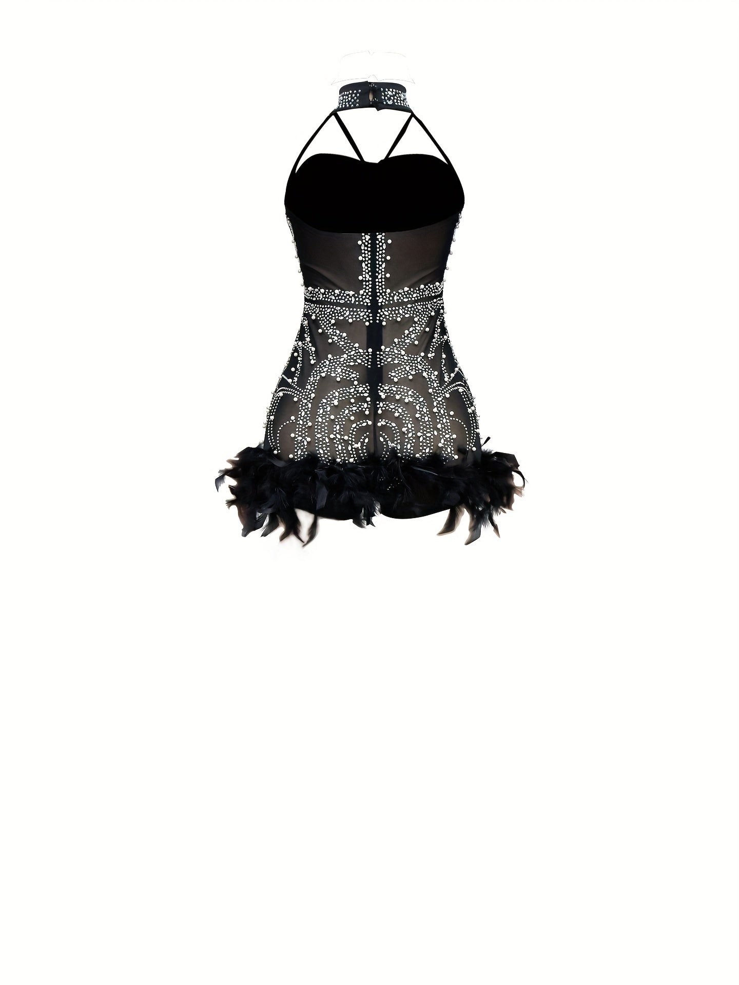 Rhinestone Choker Neck Romper Jumpsuit - Sexy Backless Design, Feather Hem, Perfect for Spring and Summer, Women's Clothing
