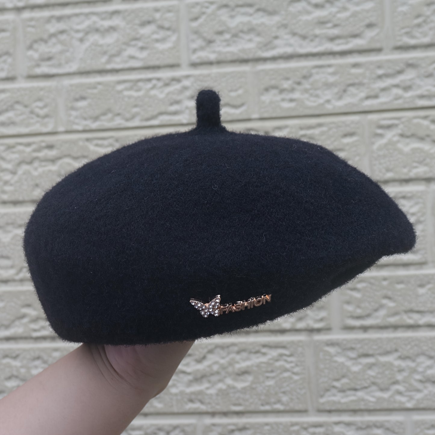1pc Women's Rich Red Wool Beret Hat with Rhinestone Butterfly & Letter Embellishments - 3D Structured Painter-Style Wedding & Special Occasion Accessory, Breathable Non-Stretch Fit, Stylish Letter Motif, Decorative Elements