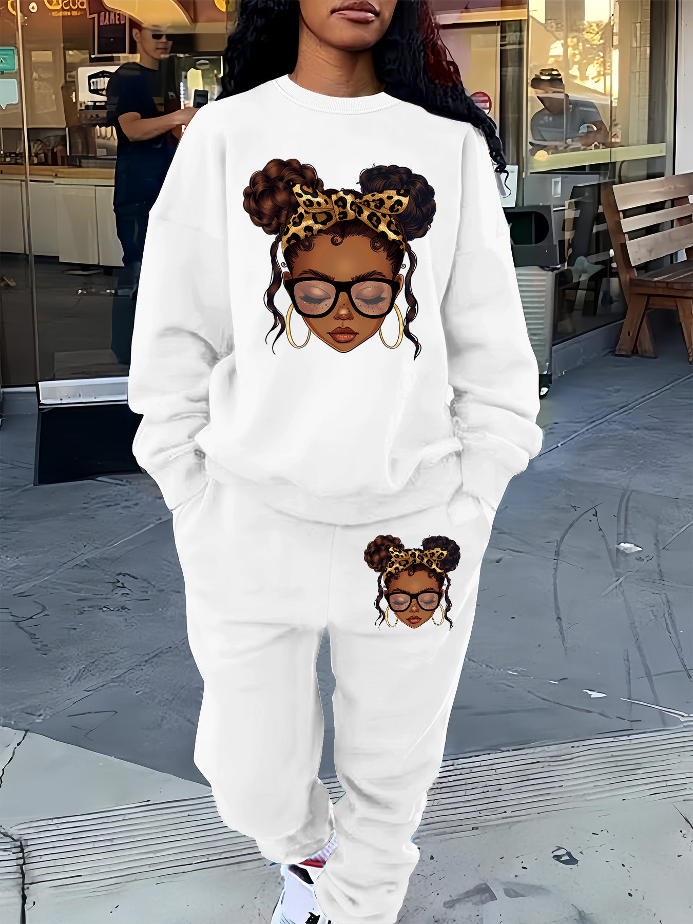 Graphic Print Two Piece Set, Crew Neck Sweatshirt & Pants, Women's Clothing