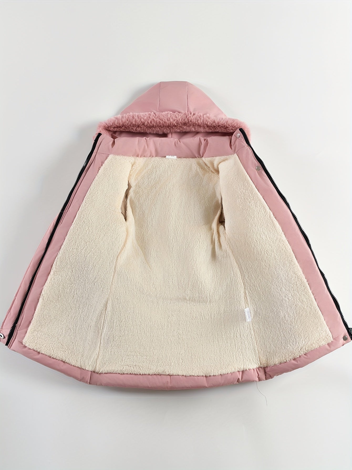 Stylish Girls' Winter Coat with Faux Fur Hood, Heart-Shaped Diamond Pattern, Warm Mid-Length Parka with Belt - Beige, Polyester, Fall/Winter Outerwear for Girls, Girls Winter Clothes