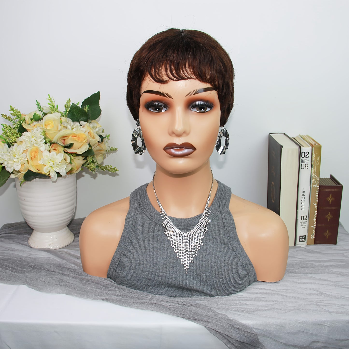 Women's Brazilian Human Hair Pixie Cut Wig - Honey Blonde (Light Brown to Blonde Highlights), Natural Look & Feel, High Volume & Density 150% Straight Hair with Bangs, Rose Net Cap for Secure Fit - Light Brown to Blonde Highl