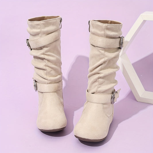 Girls' Pleated Mid-Calf Boots with Fringe & Buckle - All-Season Zipper Closure Round Toe School Shoes, Soft TPR Sole & Fabric, Cute Brown/Black Casual Boots for Kids ( to Teen) - Comfortable Everyday Boots