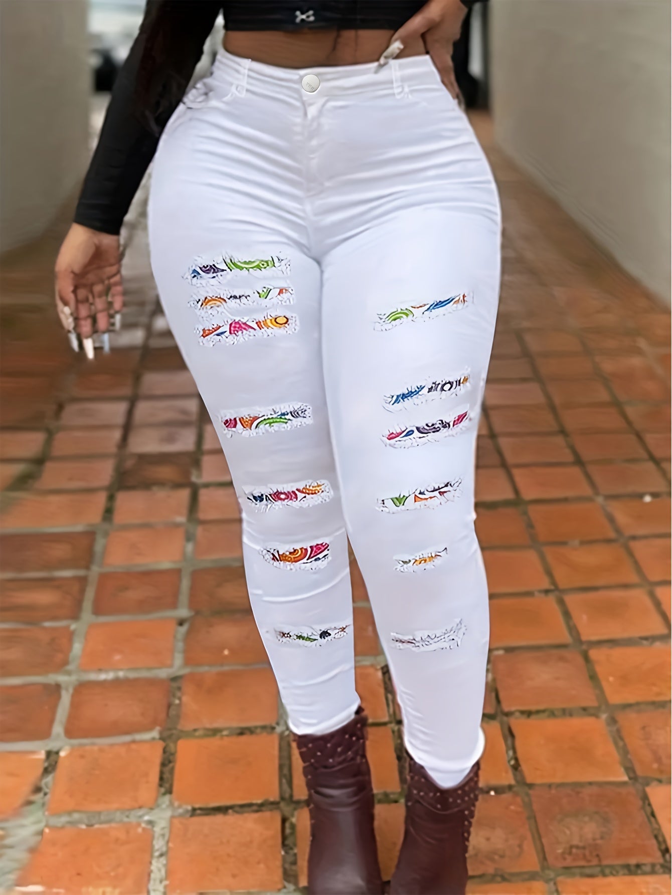 Women's Plus Size Casual Skinny Printed Patchwork Ripped Denim Jeans With Stretch, Full Length Pencil Pants, Fashion Printed Trousers