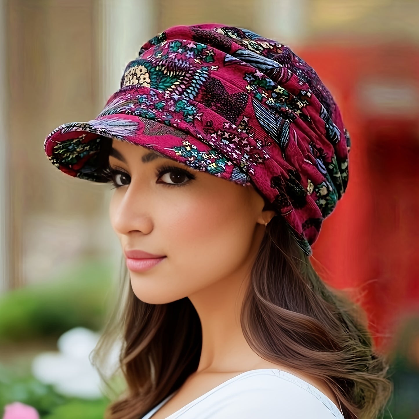 Women'S Lightweight Newsboy Cap With Breathable Fabric, Floral Print, Durable Polyester Blend, Daily Wear