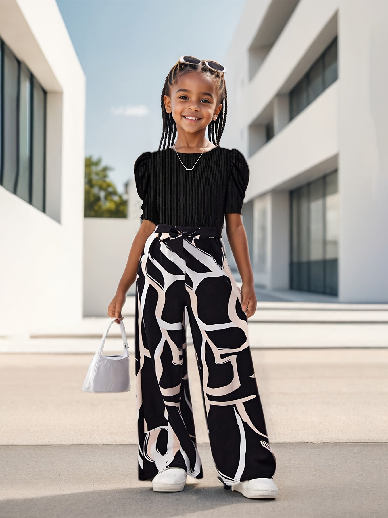 Bubble Sleeve Fashion Simple Top & Stylish Floral Print Wide Leg Pants, Girls' Long Trousers Set, Children's Casual Fashion Wide Leg Outfit Suitable for Ages 3 and Up, Perfect for Outdoor