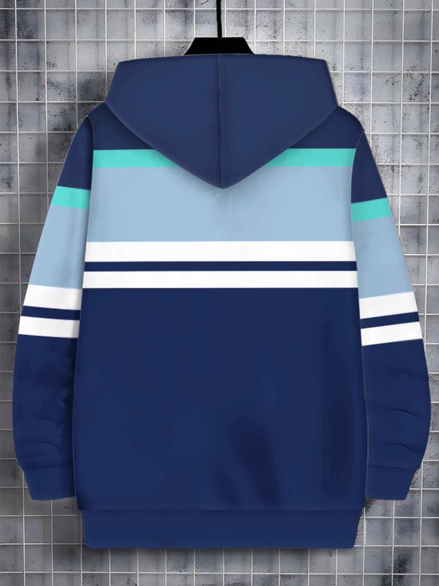 Men'S Lightweight Hoodie - Navy Blue & Aqua Stripes Zip-Up Pullover, Breathable Polyester Hooded Sweatshirt for Gym, Hiking, Casual Outfits - Athletic Casual Attire with Full-Zip Closure, Gym Hoodie, Outdoor Apparel, Sporty D