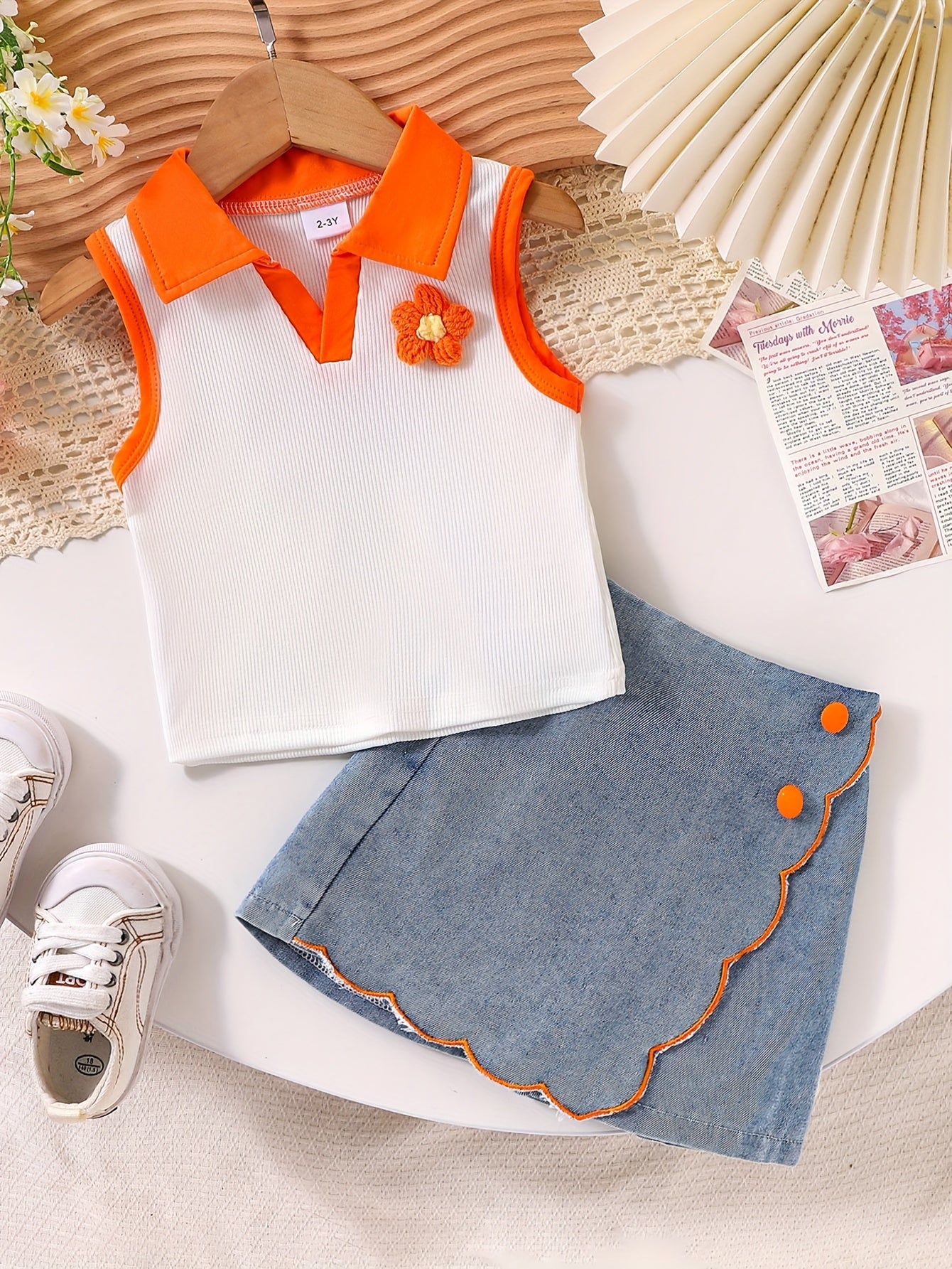 Summer Outfit for Girls Featuring a Floral Collar Top And Denim Shorts, for Outdoor