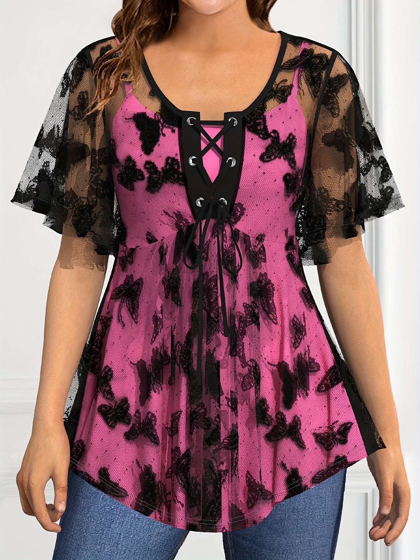 Plus Size Elegant Lace Up Butterfly Pattern Short Sleeve Top, Women's Clothing